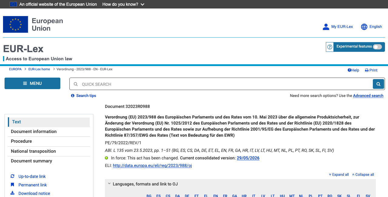 EUR-Lex Eintrag zur Verordnung (EU) 2023/988 -- Volltext der Produktsicherheitsverordnung auf eur-lex.europa.eu