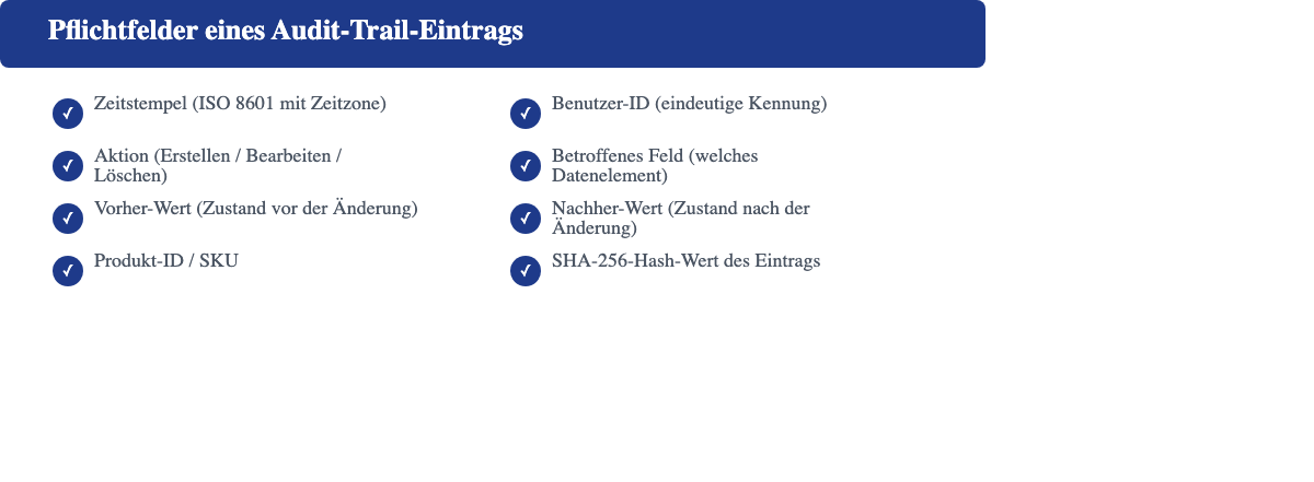 Pflichtfelder eines gerichtsfesten Audit-Trail-Eintrags nach GoBD-Mindeststandard