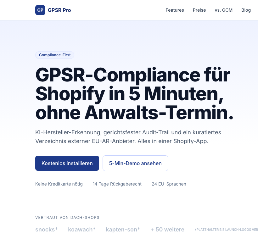 Startseite von GPSR Pro, der Shopify-App für automatisierte GPSR-Compliance nach einer Abmahnung