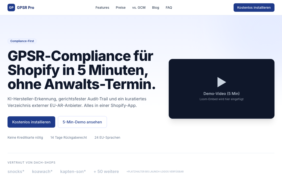 GPSR Pro: Shopify-App für GPSR-Compliance mit KI-Hersteller-Erkennung, 24 EU-Sprachen und Audit-Trail