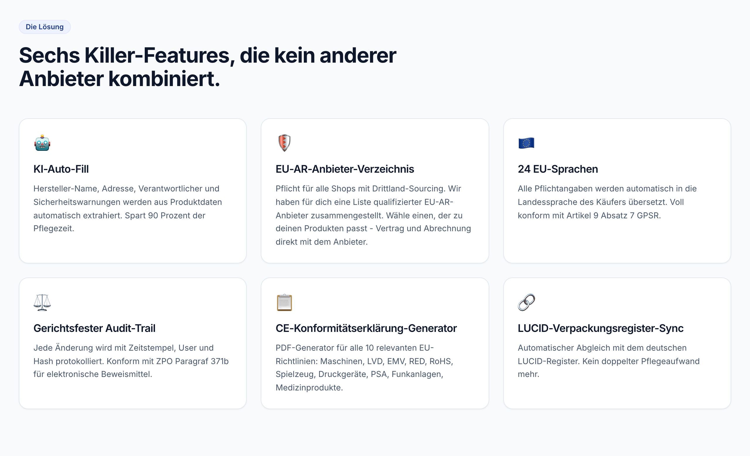 Screenshot: GPSR Pro Feature-Übersicht mit KI-Auto-Fill und den weiteren Kernfunktionen
