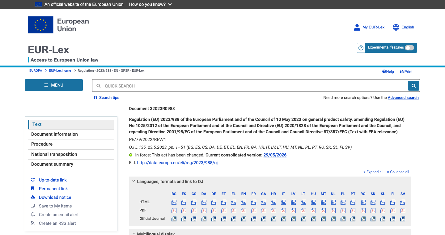 Screenshot der offiziellen EUR-Lex-Seite zur GPSR-Verordnung (EU) 2023/988