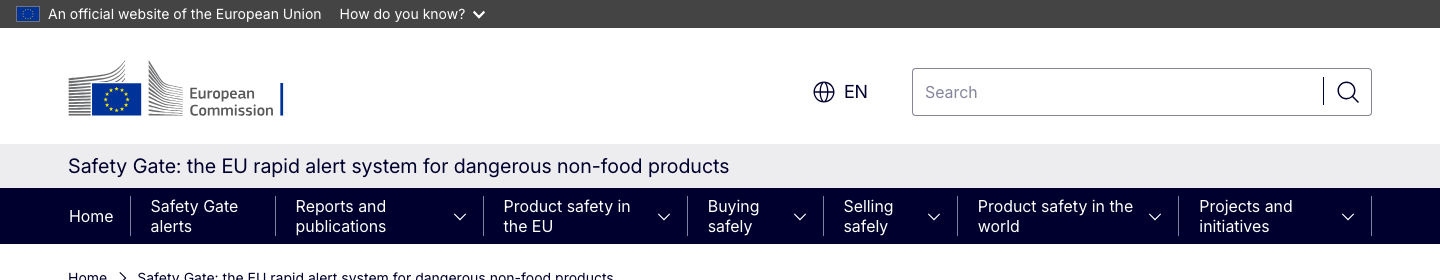 Startseite des EU Safety Gate Portals, über das nationale Behörden Sicherheitswarnungen zu gefährlichen Produkten austauschen