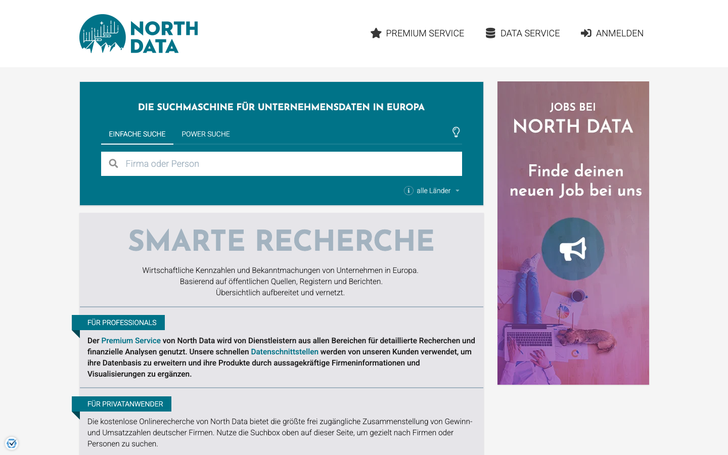 Startseite der Handelsregister-Datenbank northdata.de, mit der sich Rechtsnachfolger und Firmenhistorie ehemaliger Hersteller recherchieren lassen.