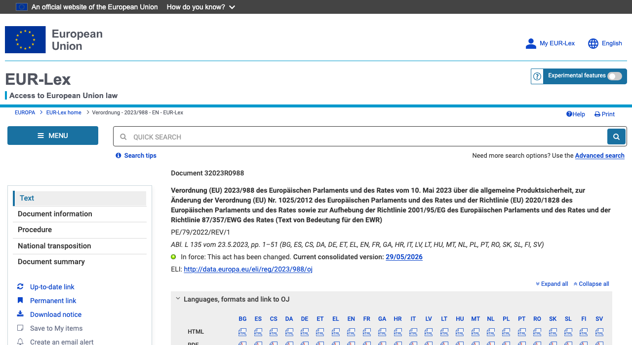 EUR-Lex Seite zur Verordnung (EU) 2023/988 - offizieller Zugang zum GPSR-Volltext auf EUR-Lex, inklusive HTML- und PDF-Download in 24 EU-Sprachen