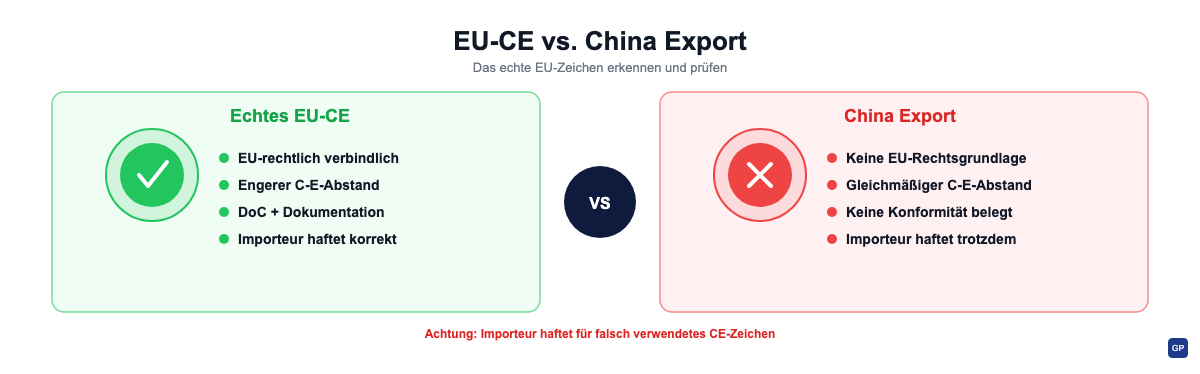Das echte EU-CE-Zeichen (links) und das täuschend ähnliche China Export-Zeichen (rechts) haben dieselbe Optik, aber völlig unterschiedliche rechtliche Bedeutung.