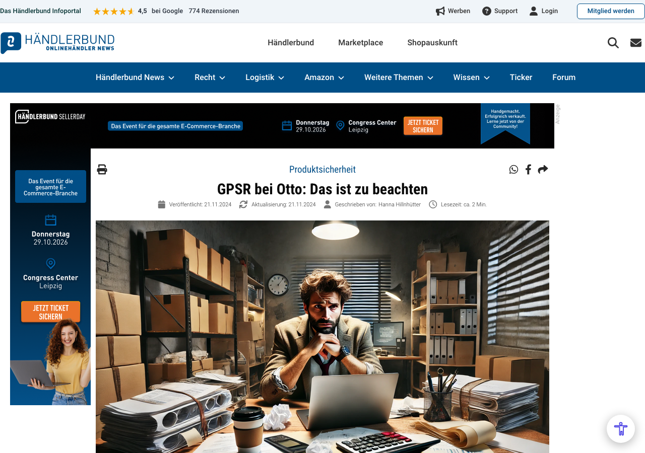 Screenshot: Händlerbund-Artikel zu den GPSR-Anforderungen von OTTO für Marktplatz-Verkäufer