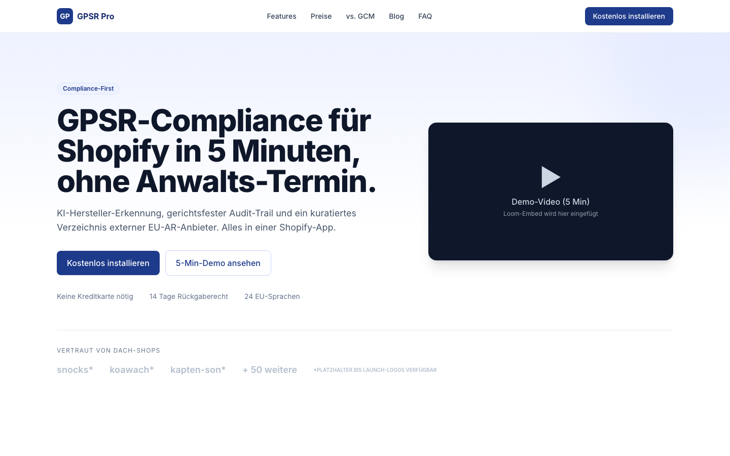 Startseite von GPSR Pro mit KI-Hersteller-Erkennung und Audit-Trail für die Kostenkalkulation einer GPSR-App