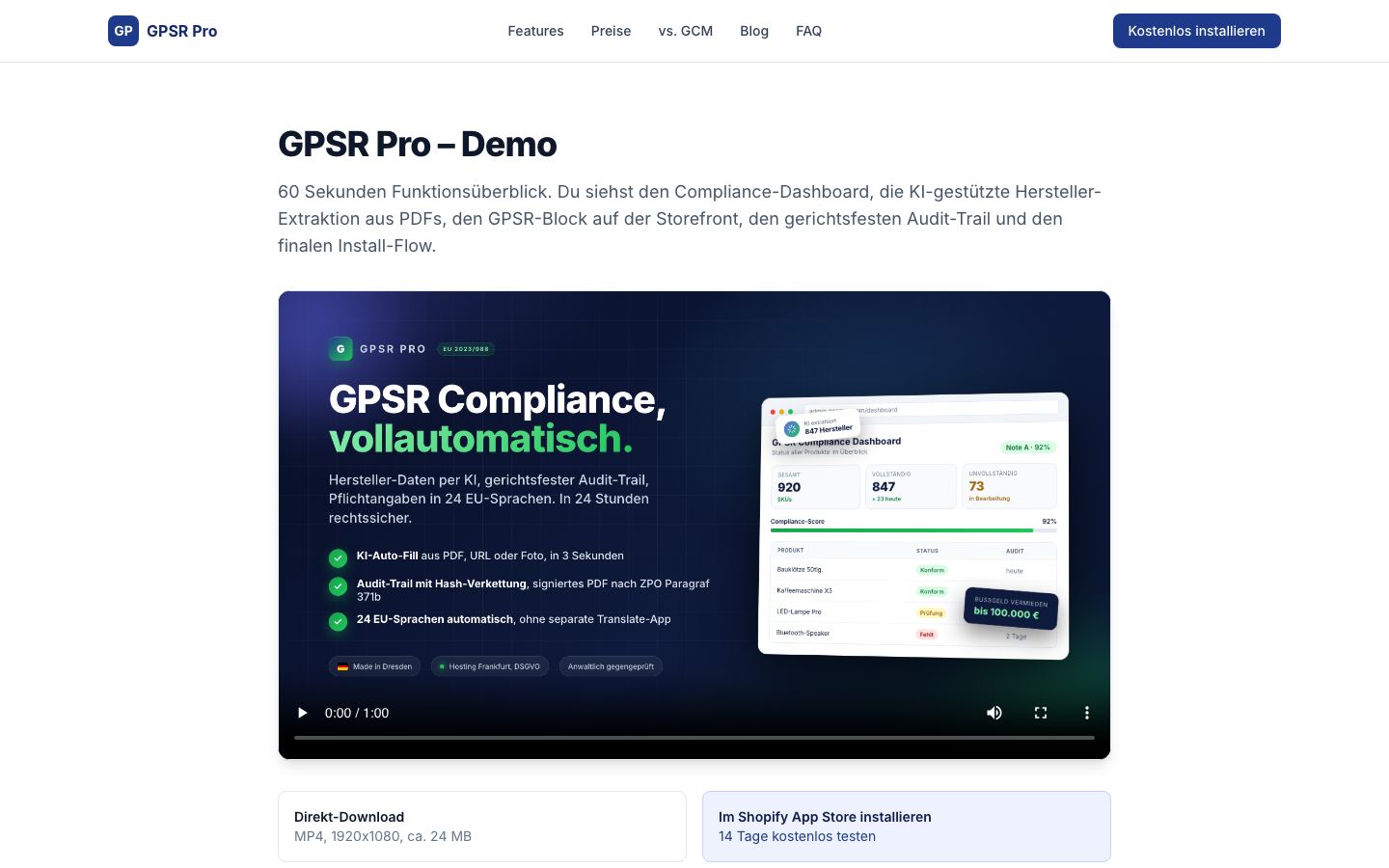 gpsrpro Compliance-Dashboard mit KI-Hersteller-Erkennung und Audit-Trail für die automatisierte GPSR-Migration