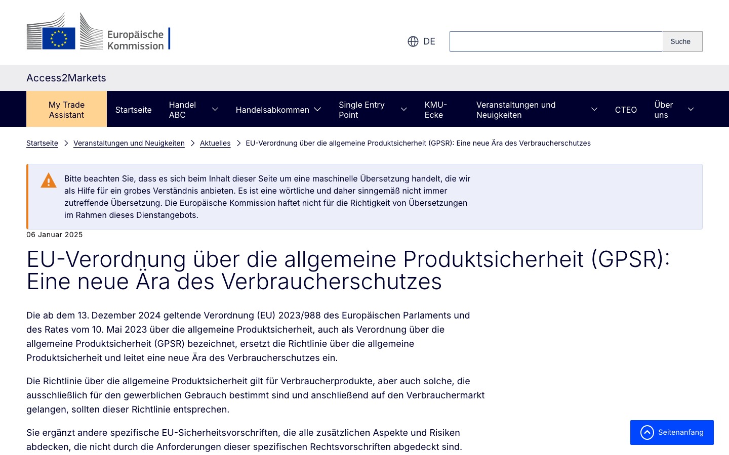 Offizielle Seite der EU-Kommission zur Produktsicherheitsverordnung GPSR