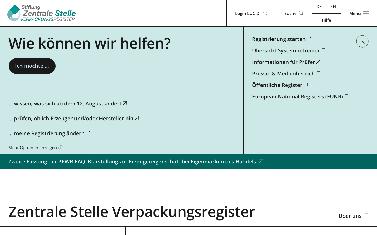 LUCID Verpackungsregister Startseite für die VerpackG-Registrierung von Drittland-Verkäufern