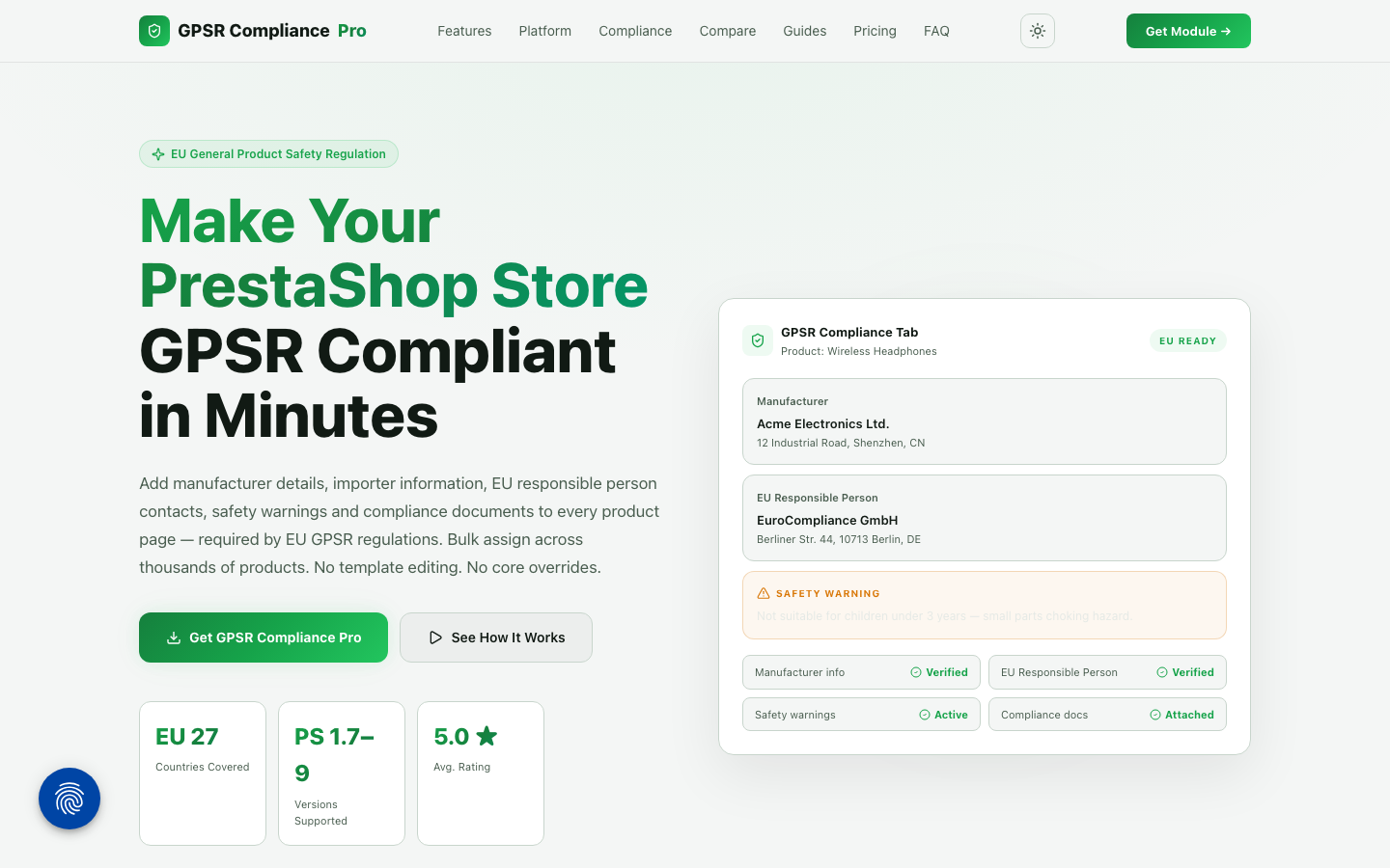 Screenshot der GPSR Compliance Pro Produktseite mit Beispielansicht der Compliance-Oberfläche für PrestaShop