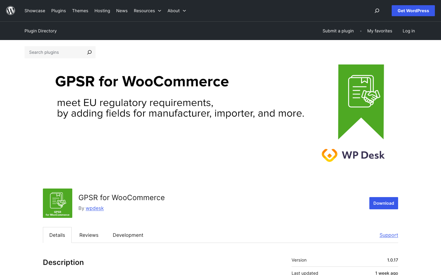 Screenshot des kostenlosen Plugins GPSR for WooCommerce von WP Desk im WordPress-Verzeichnis