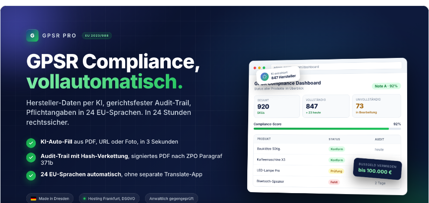 GPSR Pro Compliance-Dashboard mit Hersteller-Erkennung per KI, Compliance-Score und Audit-Trail