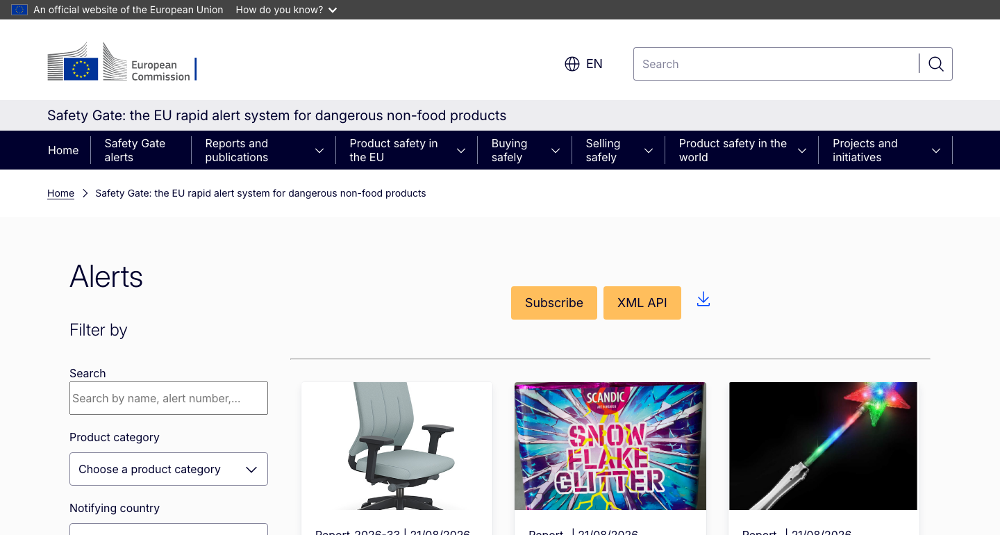Safety Gate Portal der EU-Kommission mit aktuellen Produktsicherheits-Alerts