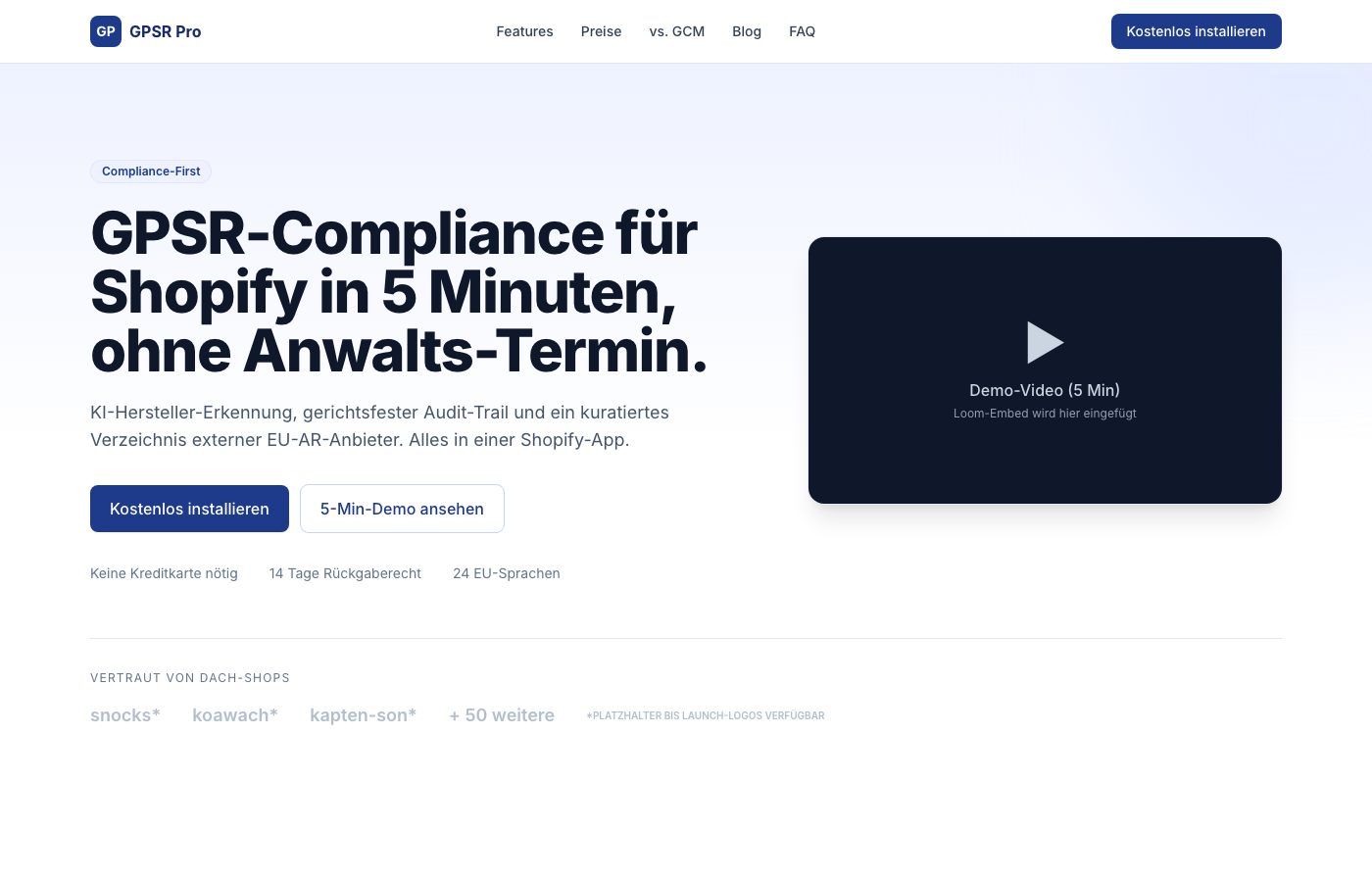 Startseite der Shopify-App GPSR Pro für automatisierte Produktsicherheits-Pflichtangaben