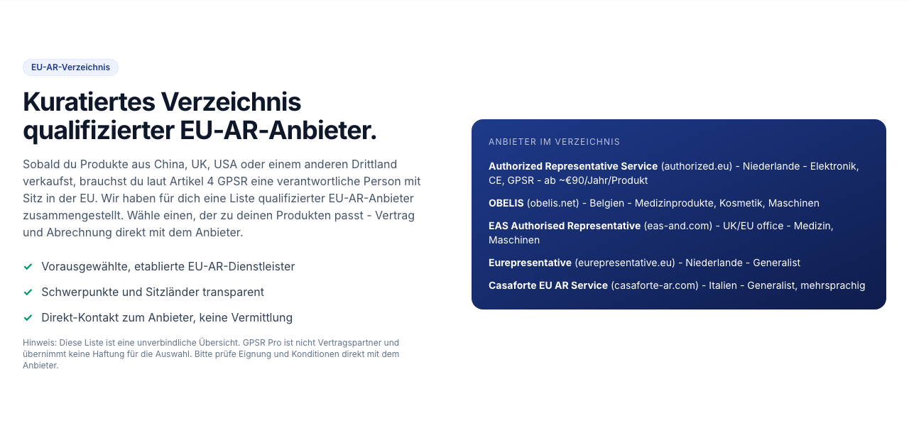 Screenshot des EU-AR-Anbieter-Verzeichnisses von GPSR Pro mit qualifizierten EU-Bevollmächtigten