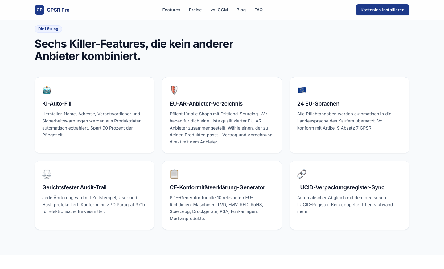 GPSR Pro Feature-Übersicht: KI-Hersteller-Erkennung, EU-AR-Verzeichnis, Audit-Trail