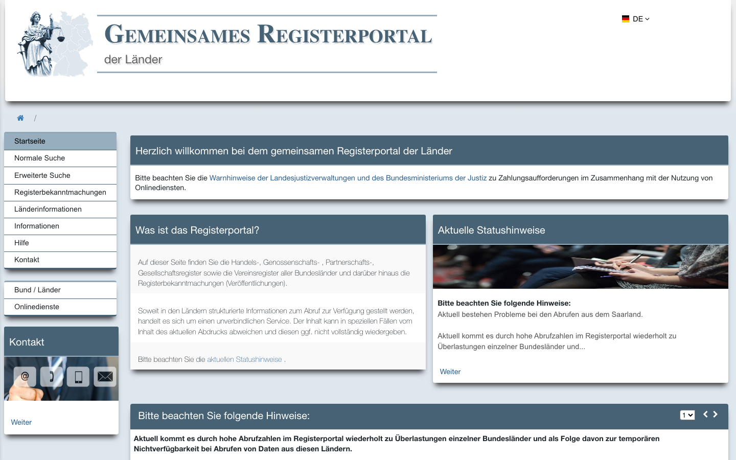 Suchmaske des gemeinsamen Handelsregisterportals der Länder zur Prüfung der EU-Niederlassung einer verantwortlichen Person