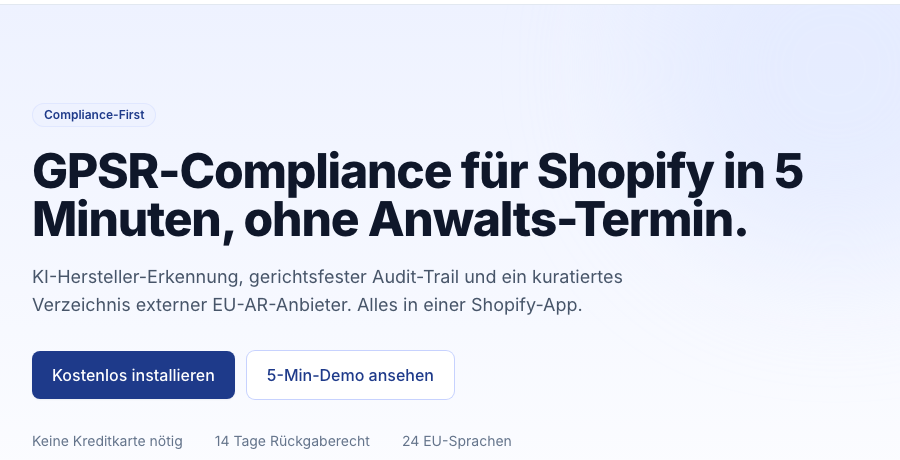 GPSR Pro App für Shopify -- GPSR-Compliance in 5 Minuten einrichten