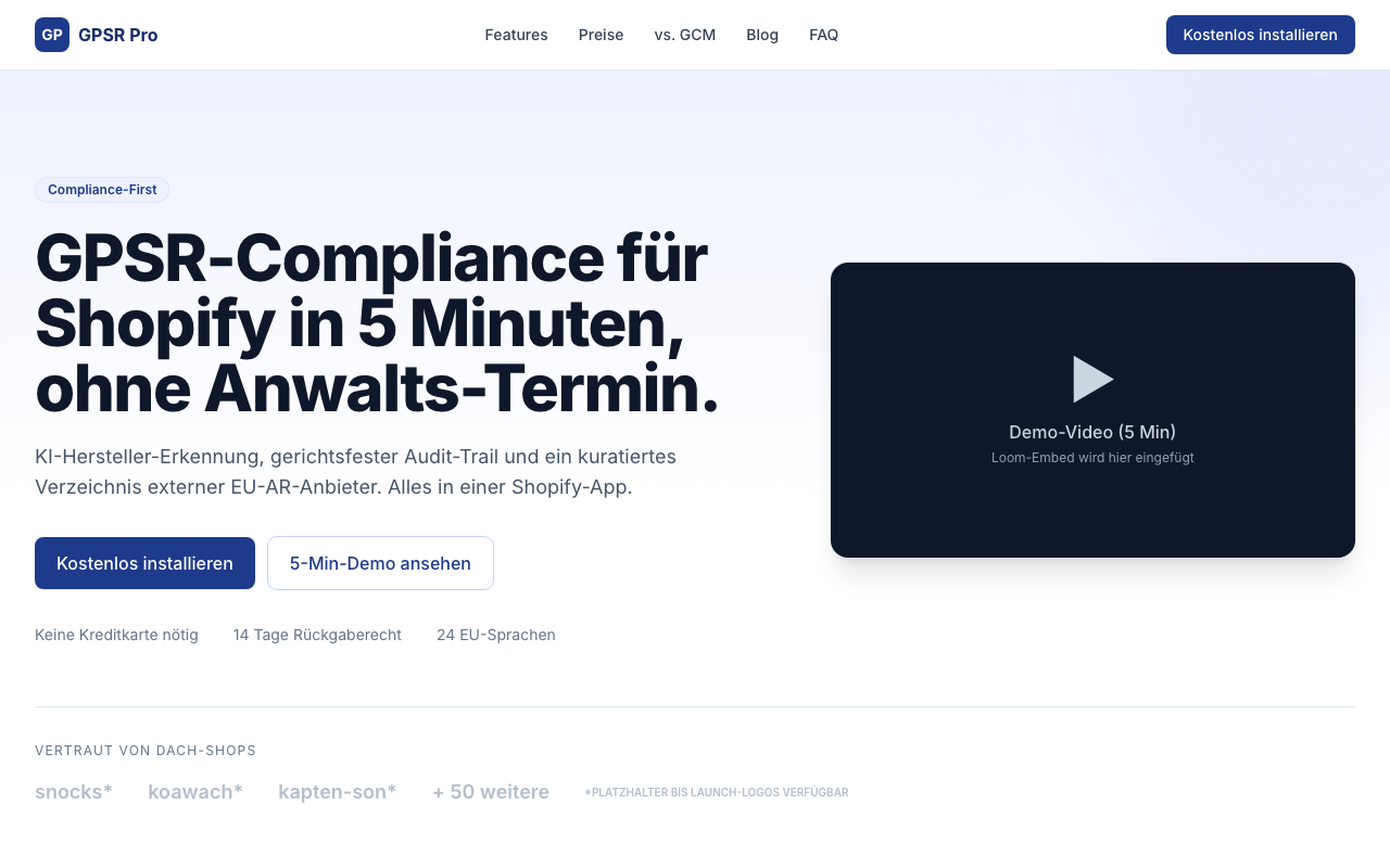 GPSR Pro – Shopify-App für GPSR-Compliance: Pflichtangaben, EU-Bevollmächtigten-Verzeichnis und gerichtsfester Audit-Trail