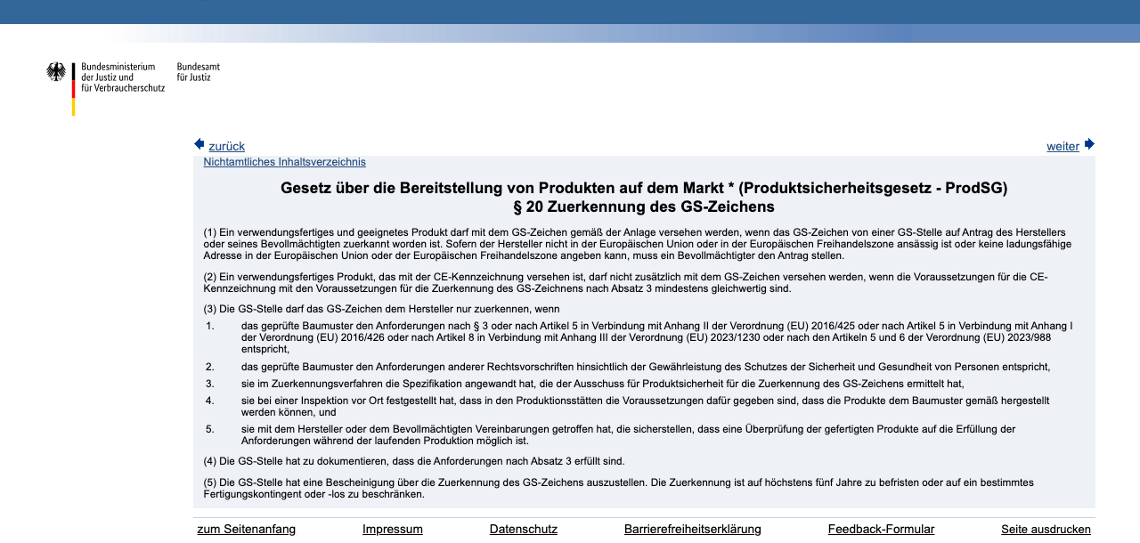 Screenshot des Gesetzestexts zu Paragraf 20 ProdSG mit den Vergabevoraussetzungen für das GS-Zeichen