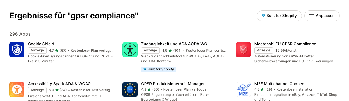 GPSR Compliance Apps im Shopify App Store -- Suchergebnisse für gpsr compliance mit 296 Apps