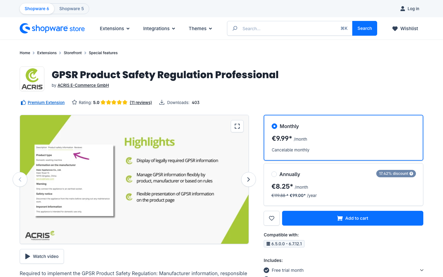 Screenshot des ACRIS GPSR Plugins im Shopware Store