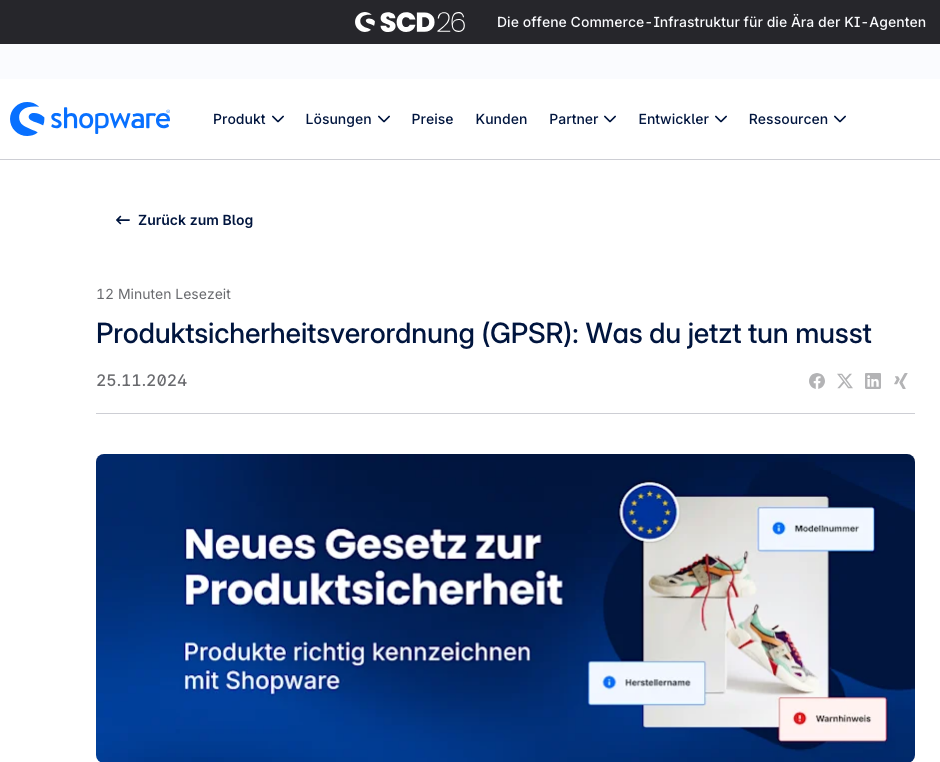 Screenshot der offiziellen Shopware Anleitung zur Produktsicherheitsverordnung
