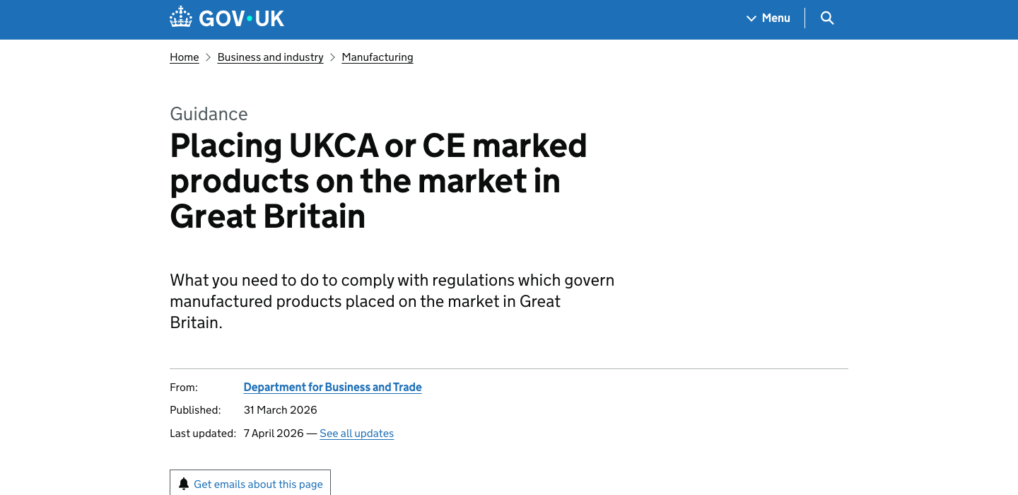 Offizielle gov.uk Anleitung zur UKCA-Kennzeichnung und zur unbefristeten CE-Anerkennung in Großbritannien